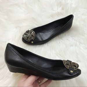 Tory Burch leather logo open toe small wedge